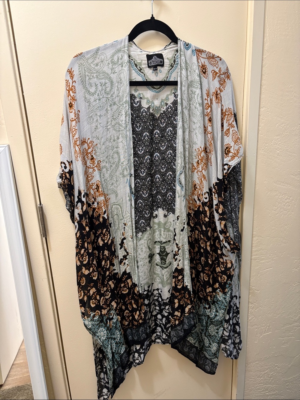 Angie Boho Floral Paisley Open-Front Kimono in Cream, Black & Brown
